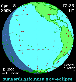 TSE 2005 eclipse path; totality observed from 23 deg 27' S/130 deg 24' W